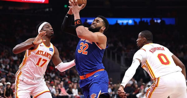 Karl-Anthony Towns of the New York Knicks during Game 4 of the 2026 NBA Playoffs against the Atlanta Hawks