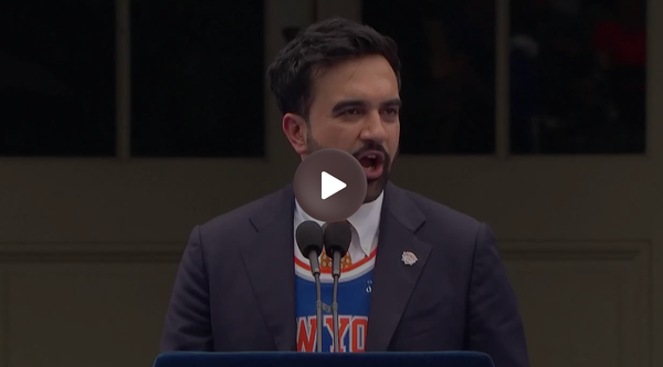 Mayor Zohran Mamdani speaking at the Knicks championship parade at City Hall