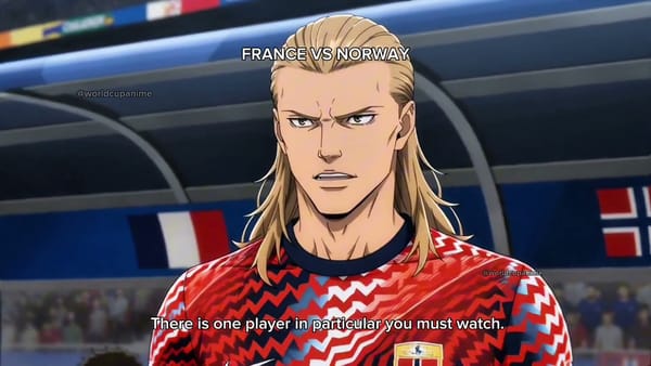 An anime-style frame from a World Cup Anime clip of the France-Norway match