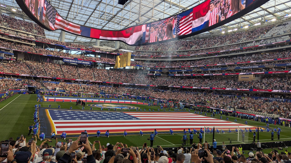 National anthems before a 2026 FIFA World Cup match between the United States and Paraguay at SoFi Stadium