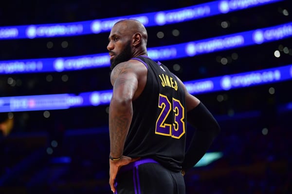 LeBron James in a Los Angeles Lakers jersey, who is leaving the team in 2026 free agency.