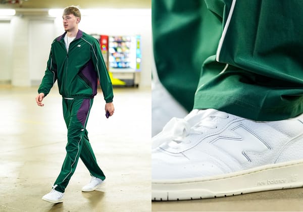 New Balance 950 low-top, the mid-'80s basketball-heritage sneaker fronted by Cooper Flagg.