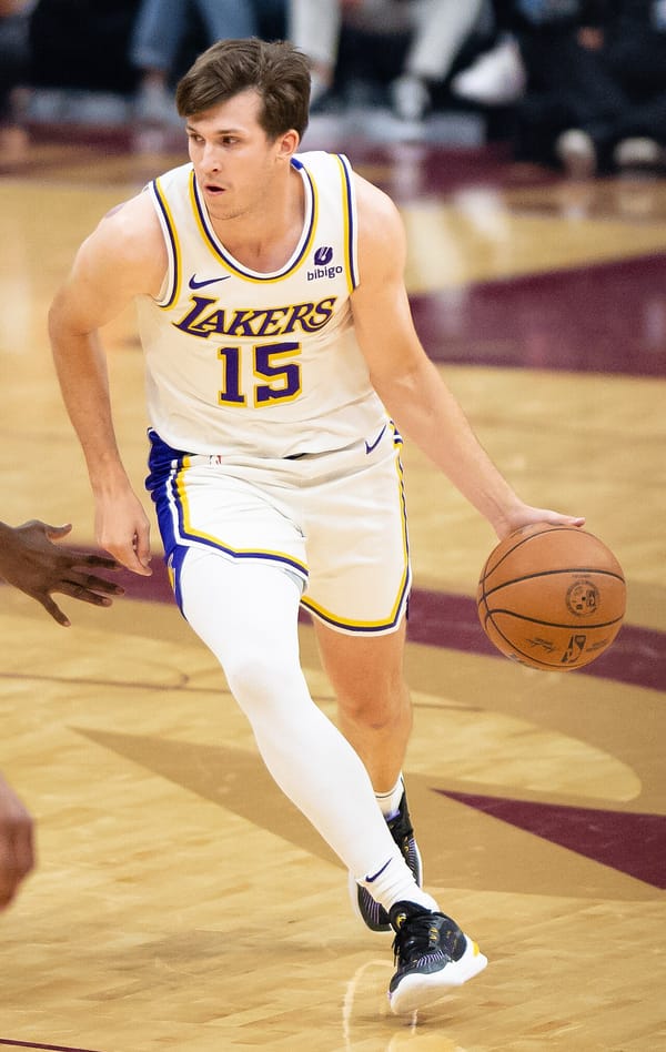Austin Reaves of the Los Angeles Lakers drives to the basket