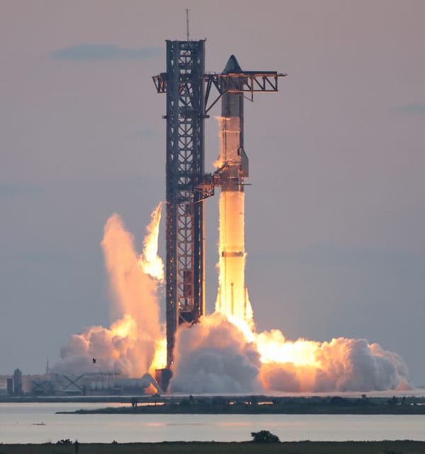A SpaceX Starship ignites during a launch, representing the company now leasing AI compute capacity