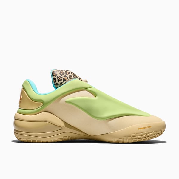 Converse SHAI 001 Lace Up "Cheetah" colorway lateral profile, tan and Volt green upper with cheetah-print tongue