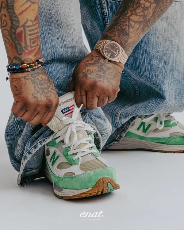 Every Now and Then x New Balance 992 U992EN1 in beige with green suede accents