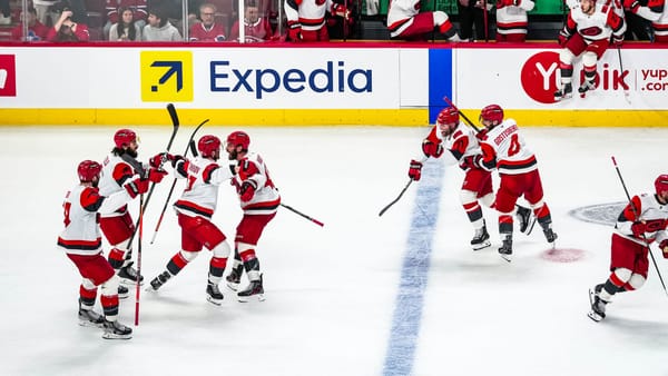 Andrei Svechnikov celebrates after scoring the overtime winner in Game 3 of the Eastern Conference Final between the Carolina Hurricanes and Montreal Canadiens.