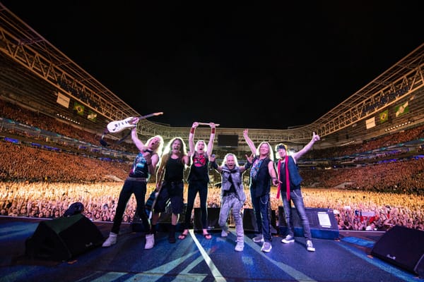 Iron Maiden performing at Eddfest with band mascot Eddie