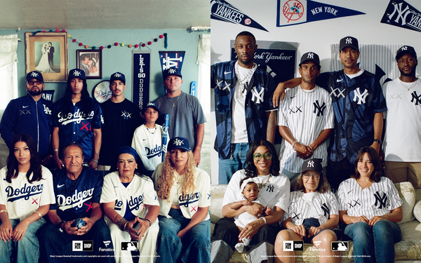 KAWS x MLB collection campaign image featuring New York Yankees and Los Angeles Dodgers apparel