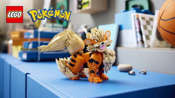 The five new LEGO Pokémon sets: Rayquaza, Arcanine, Munchlax, the Iconic Trainer Moments Poké Ball, and an Up-Scaled Red minifigure