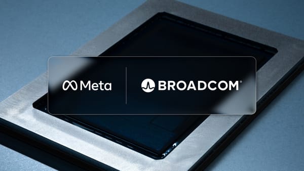 Meta and Broadcom logos over a silicon chip, representing Meta's MTIA custom AI silicon