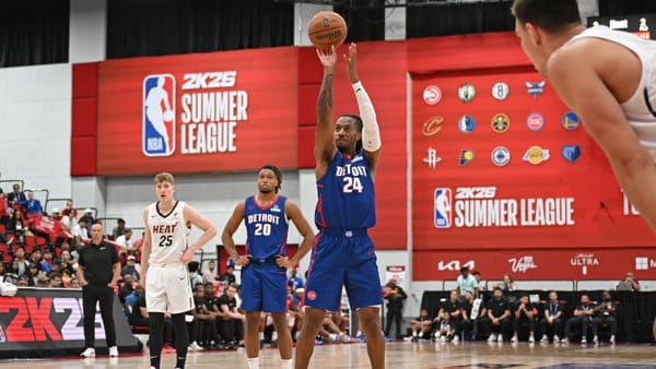 The 2K26 NBA Summer League court in Las Vegas, where the NBA will test a one-free-throw rule and sensor ball