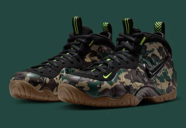 Nike Air Foamposite Pro "Green Camo" IM5204-001 pair in woodland camouflage with Volt accents and a gum rubber outsole