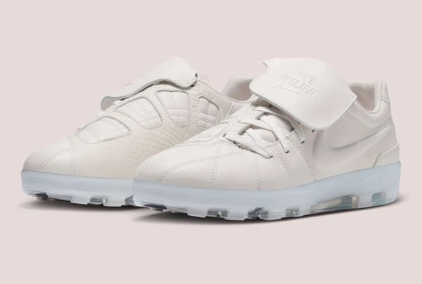 Nike Atelier Total 90 Cryoshot in sail white leather with an oversized fold-over tongue and translucent icy-blue Air midsole