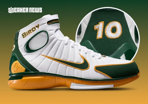Nike Zoom Huarache 2K4 "Sue Bird" PE in white leather with Seattle Storm green and gold