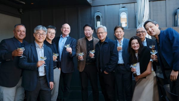 Jensen Huang and SK Group Chairman Chey Tae-won at a dinner in Woodside, California ahead of the AI Summit