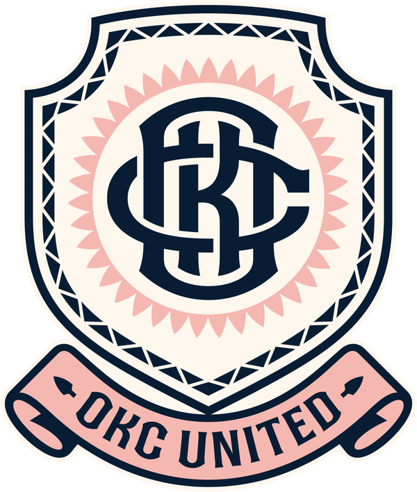OKC United primary crest featuring an arrowhead shield, an interlocking OKC monogram, and 39 sun rays representing Oklahoma's tribes