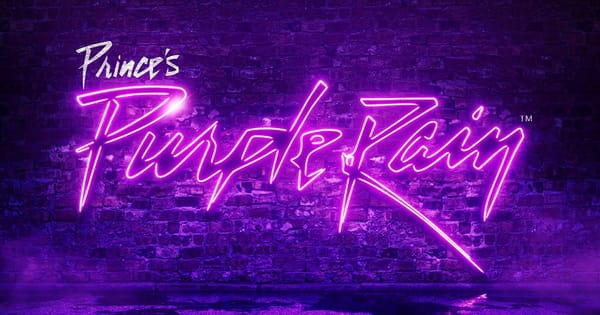 Neon key art reading "Prince's Purple Rain" for the Broadway stage musical