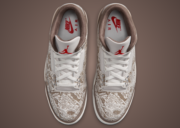 Air Jordan 3 "Laser" lateral view in Phantom, University Red, Palomino and Sail with a laser-etched upper and brown suede toe and heel