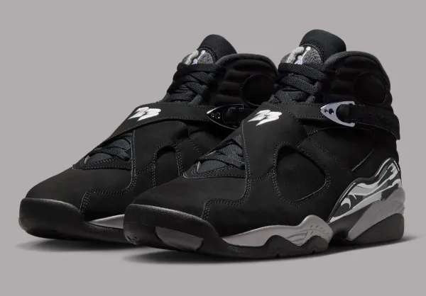 Air Jordan 8 Retro Chrome 305381-007 in black nubuck with chrome hardware, lateral view