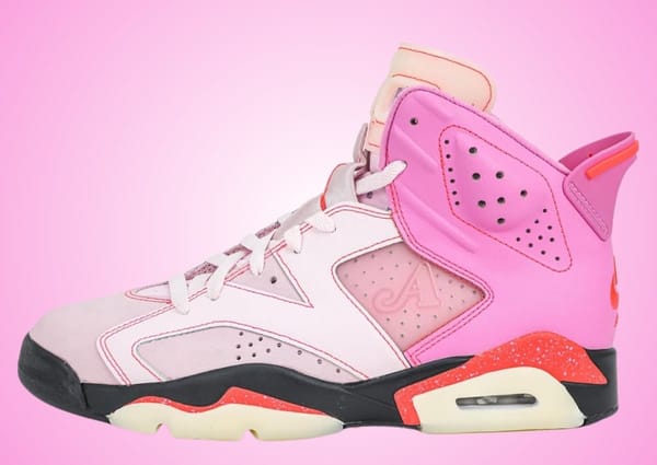 Awake NY x Air Jordan 6 "Playful Pink" lateral view in Playful Pink, Shy Pink and Arctic Pink with Infrared 23 accents