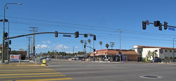 The intersection of Crenshaw Boulevard and Slauson Avenue in South Los Angeles, site of The Crenshaw Rec by Foot Locker