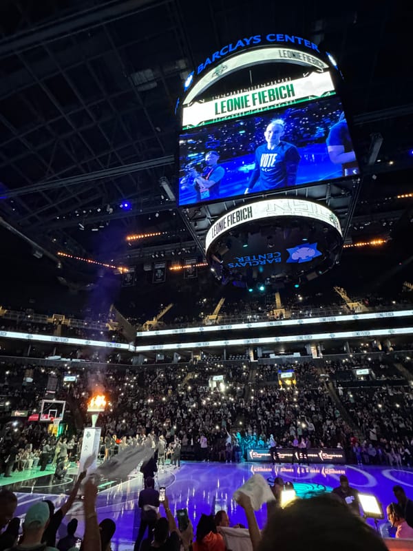 A New York Liberty player shown on the jumbotron at Barclays Center in Brooklyn