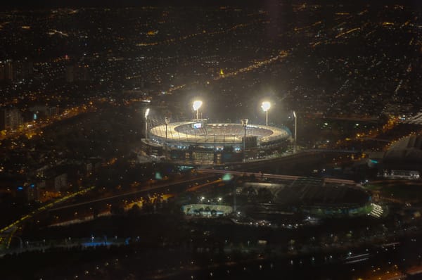 The Melbourne Cricket Ground at night, host of the 49ers-Rams Week 1 game