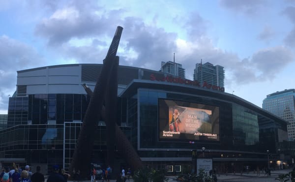 Scotiabank Arena in downtown Toronto at dusk, home of the Maple Leafs and Raptors