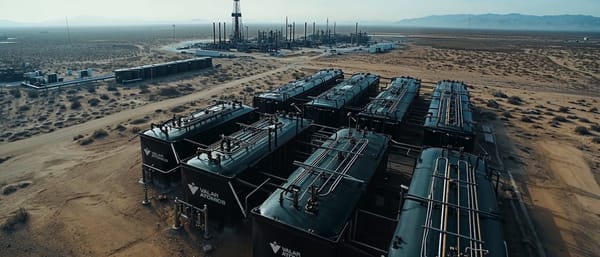 Aerial rendering of a Valar Atomics site showing rows of black modular reactor units in a desert