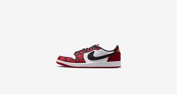 Air Jordan 1 Low OG Garden IR0088-001 medial side with red and black floral overlays and Metallic Gold Swoosh outline