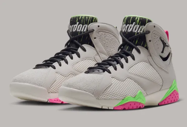 Air Jordan 7 Tennis Day IV6508-030 in Phantom with pink, green and black accents