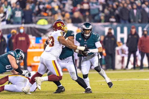 Philadelphia Eagles quarterback Jalen Hurts in uniform during an NFL game