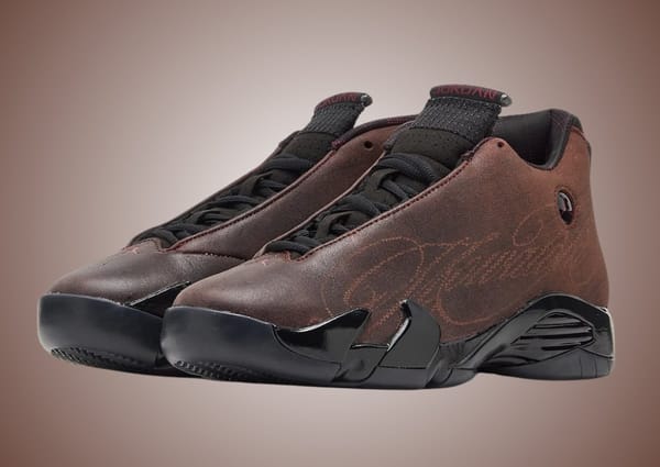 Mowalola x Air Jordan 14 in Black/Burnt Red-Metallic Gold, style code IQ5708-001, shown in a rear three-quarter view