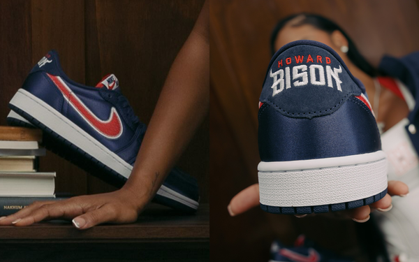 Air Jordan 1 Low OG "Howard University" in satin Midnight Navy with red-and-white Swoosh accents