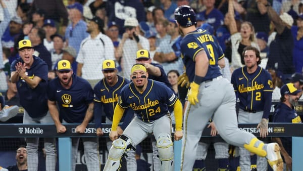 Milwaukee Brewers celebrate during Game 3 of the 2026 NLCS against the Los Angeles Dodgers