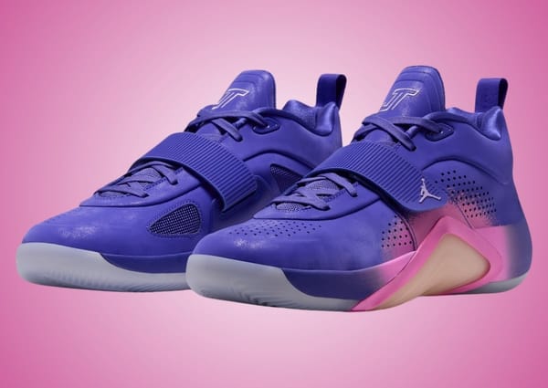 Jordan Tatum 5 "Sunrise" sneaker, purple and pink colorway