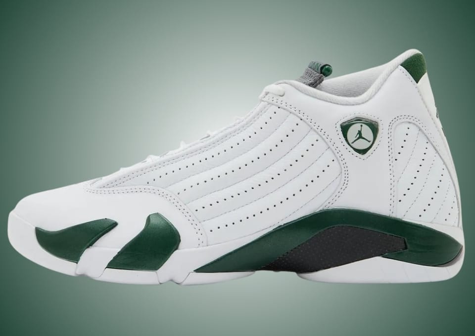 Air Jordan 14 "Forest Green" sneaker with white leather upper and forest green accents