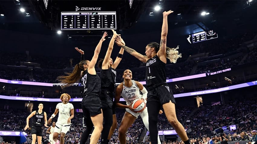 WNBA semifinals preview graphic for Valkyries vs. Aces